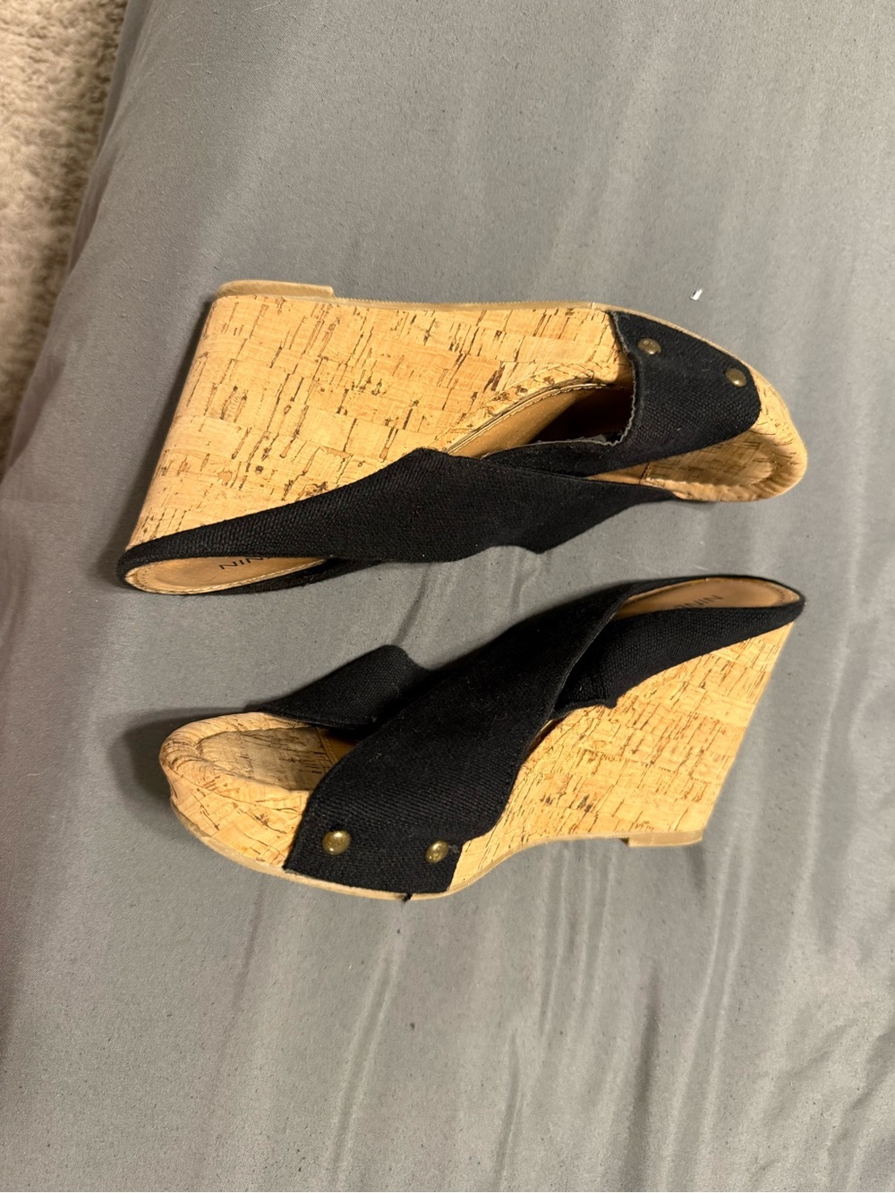 Nine West Black Cork Wedge Slide Sandals